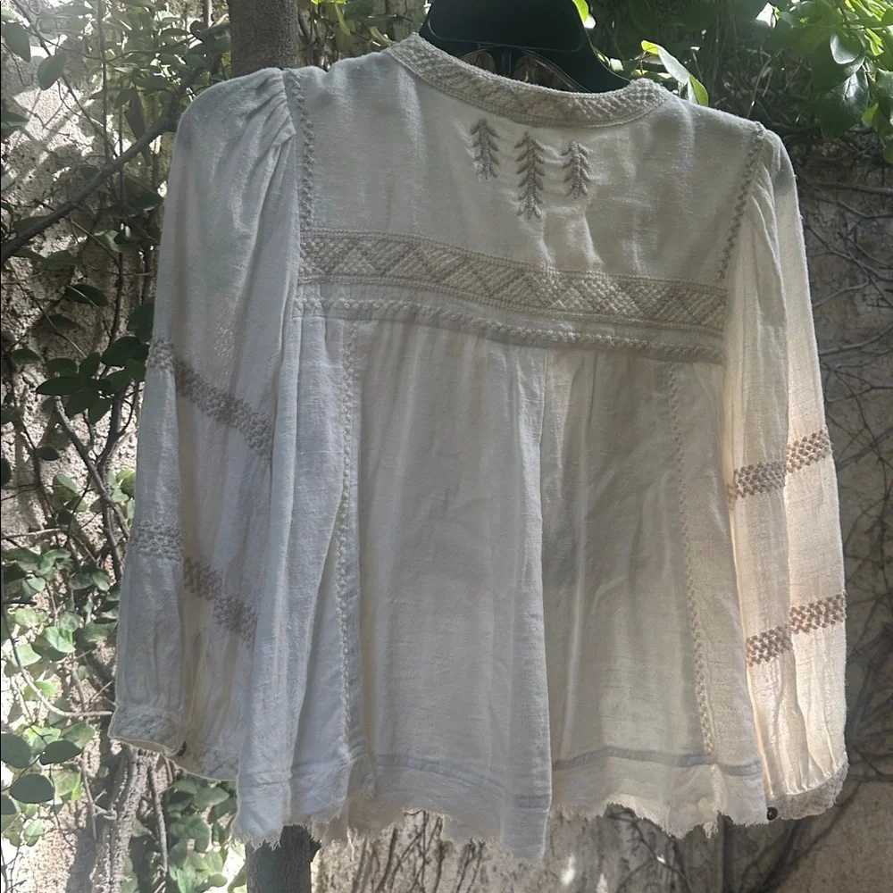 Free People Wildlife Embroidered 3/4 Sleeve Top